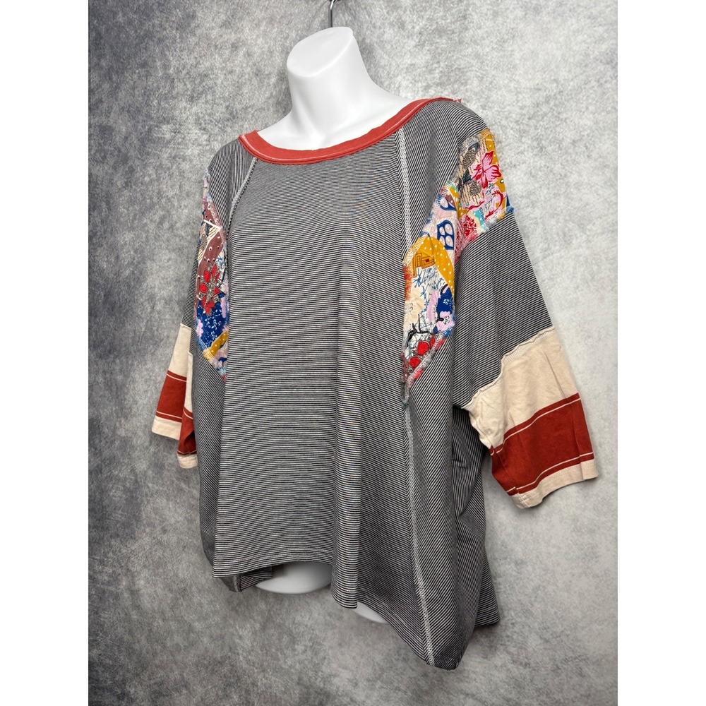 Easel Los Angeles Patchwork Sleeve Oversized Striped Top Womens Large Boho Shirt - Picture 4 of 8